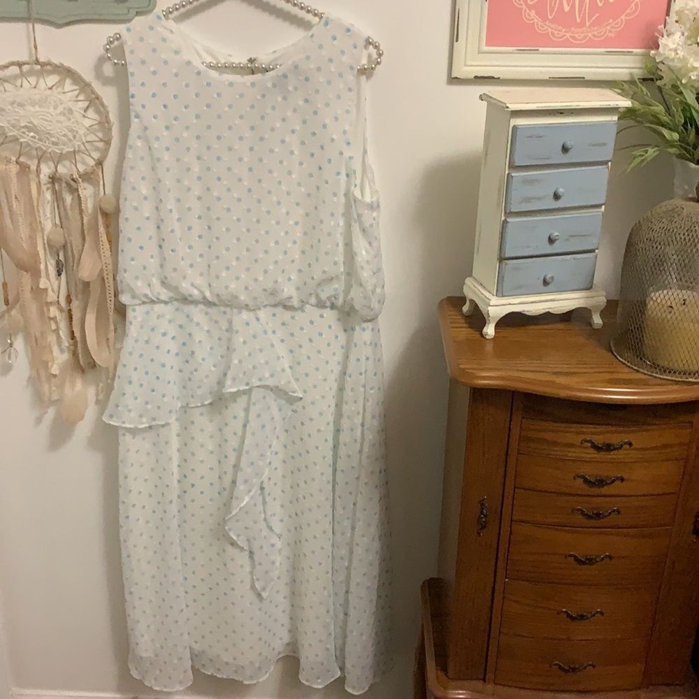 Gabby Skye White & Blue Polka Dot Midi Dress Size 16